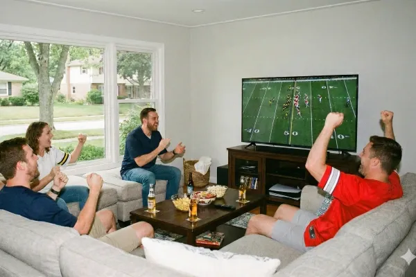 A group of excited friends cheer while watching a football game on TV in a living room.